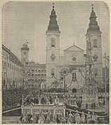 Ferenc József koronázási esküje 1867-ben, háttérben a régi városházával
