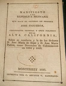 The 1835 Manifiesto a la Republica Mejicana, by Jose Figueroa, was the first book published in California Figueroa's Manifesto.jpg