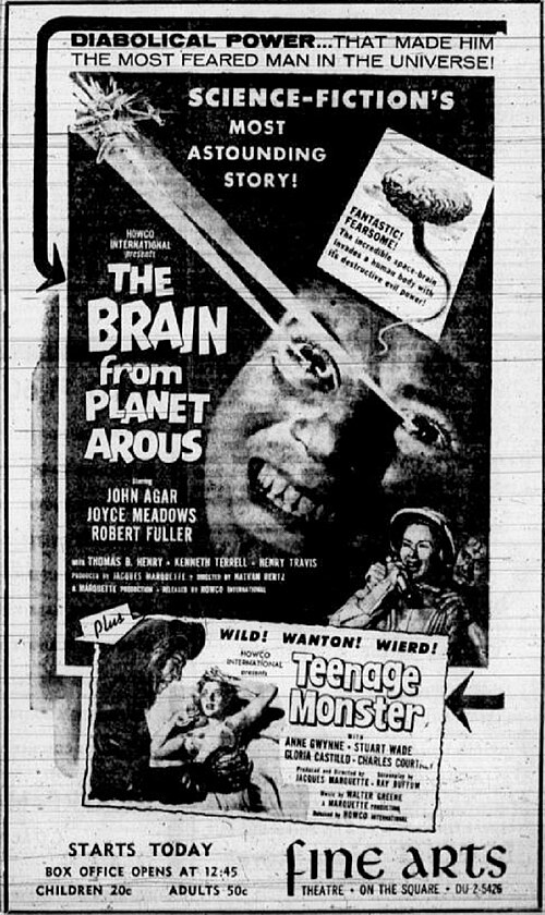 Advertisement from 1958 for The Brain from Planet Arous and co-feature, Teenage Monster.