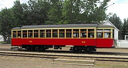 Streetcar number 42 in operation at Fort Edmonton Park. It is operated by the Edmonton Radial Railway Society. FortEdmontonParkTrolley2009.jpg