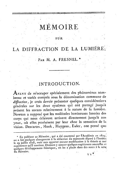 Mémoire sur la diffraction de la lumière (Fresnel, 1818)