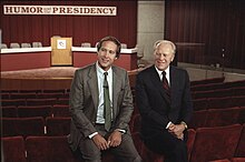 Gerald Ford with Chase before the Conference on Humor and the Presidency held at the Gerald R. Ford Museum in 1986 Gerald Ford and Chevy Chase.jpeg