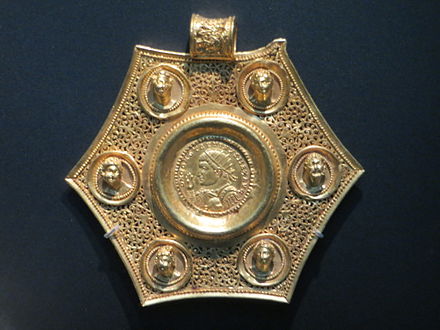 Hexagonal gold pendant with double solidus of Constantine the Great in the centre, AD 321, now in the British Museum