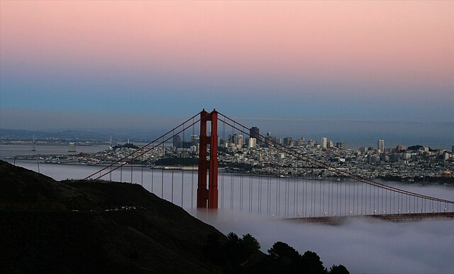 Earth's shadow and the Belt of Venus at dusk, looking east from the Marin Headlands just north of San Francisco in October 2010. (Note: A thin layer o