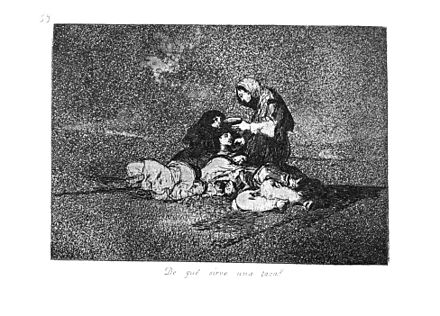 An engraving from Goya's Disasters of War, showing starving women, doubtless inspired by the terrible famine that struck Madrid in 1811–1812.