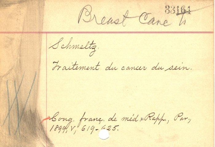 A handwritten subject card from the National Library of Medicine's old card catalog recalls the pre-computer days when information had to be created, classified, and sorted by hand. HMD Prints & Photos, PP059772.7.