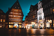 The historic market square at night