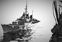 Italian destroyer Impetuoso (D558) comes alongside USS Kalamazoo (AOR-6) in the Mediterranean Sea, in June 1977.jpg