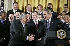 Jack McKeon (left), seen here with former President of the United States George W. Bush, won Manager of the Year honors and a World Series in his three years managing the Marlins.