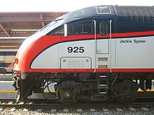 MPI locomotive JPBX#925 is named for Jackie Speier. Jackie Speier Caltrain.jpg
