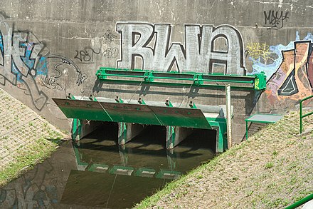 A culvert under the Vistula river levee and a street in Warsaw.