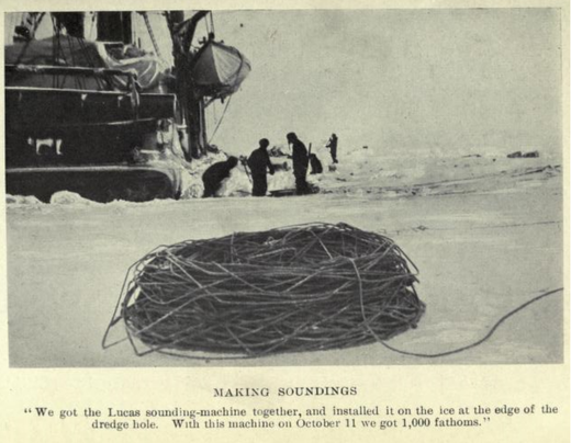 Members of Karluk's scientific staff taking depth soundings during the drift in the ice, August 1913