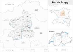 Poloha obcí v okrese Brugg a okresu v kantonu Aargau