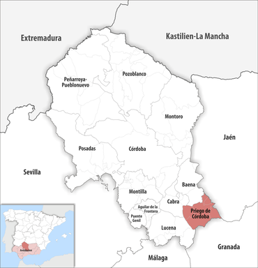 Die Lage des Gerichtsbezirk Priego de Córdoba in der Provinz Córdoba