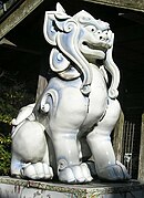 A komainu at Tozan Shrine in Arita, Saga Prefecture, is made of porcelain.