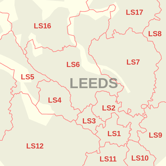 Detailed map of postcode districts in central Leeds LS postcode area inset map.svg