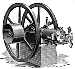 Lambert Gas and Gasoline Company stationary engine of 1895 for farm and industrial factory use. Lambert gasoline stationary engine 1895.png