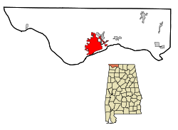 下: アラバマ州におけるローダーデール郡の位置 上: ローダーデール郡におけるフローレンスの市域の位置図