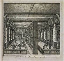 University Library Leiden, the Netherlands, in 1694. La nouvelle bibliotheque, from Les delices de Leide, une des celebres villes de l'Europe, Leiden: P. van der Aa, 1712. Leiden 1694.jpg