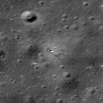 Luna 17 lander with ramp, encircled by Lunokhod-1's tracks