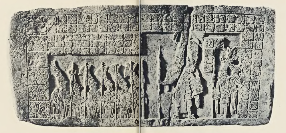 Panel 2, constructed by Itzam K'an Ahk I, depicts Yat Ahk I being venerated by leaders from other polities. Maler Researches in the Central Portion of the Usumatsintla Valley Plate XXXI.png
