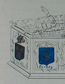 Armoiries Sorbey (inexactes) sur le gisant de Jean de Lavaulx,  mort en 1586, dans l'église de Vrécourt (Vosges).