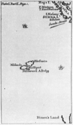 Karte der fiktiven Insel Liliput aus der Erstausgabe von Jonathan Swifts Roman Gullivers Reisen, 1726
