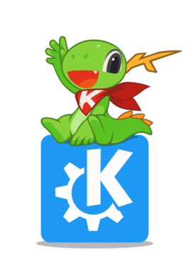 Konqi, mascote do ambiente KDE em sua nova aparência.
