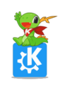 Konqi dengan logo KDE Oxygen.