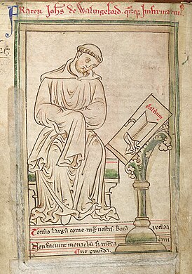 Matthew Paris drawing of John of Wallingford (1255) - BL Cotton MS Julius D VII, f.42v (cropped).jpg