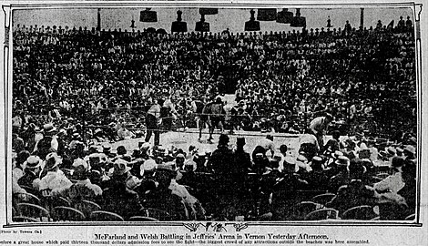 Packy McFarland versus Freddie Welsh, refereed by James J. Jeffries, at Jeffries' Vernon Arena, 1908