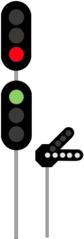An example of a signal from Melbourne Victoria: this signal is displaying a speed signalling aspect, in conjunction with a route indicator