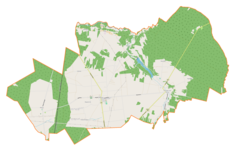 Mapa konturowa gminy Miedźno, na dole po lewej znajduje się punkt z opisem „Parafiapw. Świętych Apostołów Szymona i Judy Tadeuszaw Mokrej”