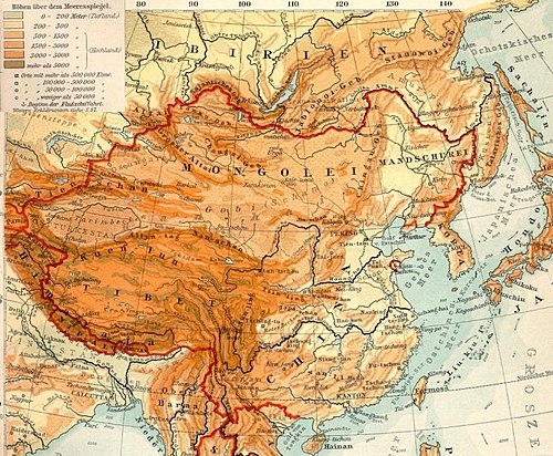 1903年的东亚地形图，北部为蒙古高原。