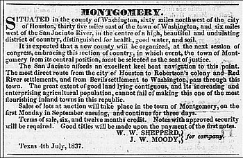 Advertisement for the sale of lots in the Town of Montgomery, Texas from the July 8, 1837 edition of the Telegraph and Texas Register newspaper published in Houston, Texas. Montgomery, Texas Advertisement.jpg