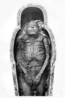 The mummy of the 21st Dynasty High Priest of Amun, Masaharta, formerly housed at the Egyptian Museum Mummy Masaherta Smith.JPG