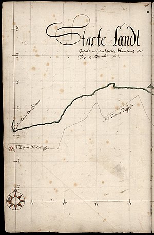 Mapa de la porción septentrional de Staten Landt según aparece en el diario de Abel Tasman, p. 24. Con el norte situado a la izquierda, se perfila la línea de costa correspondiente a la costa oeste de la Isla Norte de Nueva Zelanda, con el cabo Maria van Diemen en su extremo norte, las islas de los Tres Reyes y la ruta llevada por Tasman. Scheepsjournal Abel Tasman (1642), Nationaal Archief, La Haya.