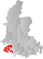 Mapa do condado de Vest-Agder com Farsund em destaque.