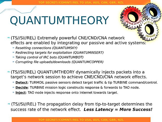 NSA's QUANTUMTHEORY overview slide with various codenames for specific types of attack and integration with other NSA systems