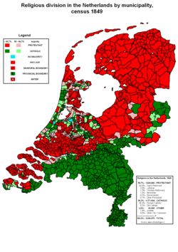 Religious division in the Netherlands in 1849. Catholicism holds a majority in green areas. Protestantism holds a majority in red areas. Nederlandgodsdienst1849-en.PNG