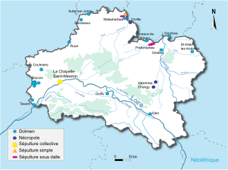 Mappa di localizzazione delle sepolture neolitiche nel dipartimento di Loiret