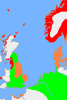 The approximate extent of Old Norse and related languages in the early 10th century around the North Sea. The red area is the distribution of the dialect Old West Norse, the orange area Old East Norse, and the green area the other Germanic languages with which Old Norse still retained some mutual intelligibility.