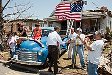 President Barack Obama greets survivors of the devastating 2011 Joplin tornado. Obama-joplin-missouri1.jpg