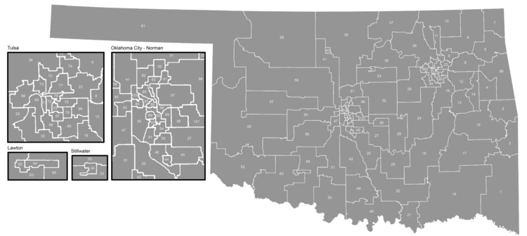 Oklahoma House of Representatives districts after the November 6, 2018 elections. Oklahoma House of Representatives districts map.png
