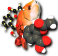 A computer graphics image. On the left is a ball and stick molecule model. In the middle is an orange fish, tail down, face up. On the right is a space-filling molecule model.