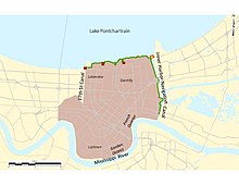 The Orleans Metro drainage sub-basin. Nearly all water in this sub-basin is eventually drained into the outfall canals.