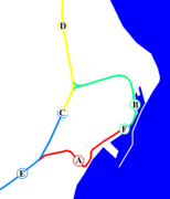 花莲周边铁路车站及线路图 A：（旧）花莲 B：花莲港 C：（现）花莲 D：北埔 E：吉安 F：美仑 （黄线：北回线） （蓝线：台东线） （绿线：花莲临港线） （红线：旧花莲港线）