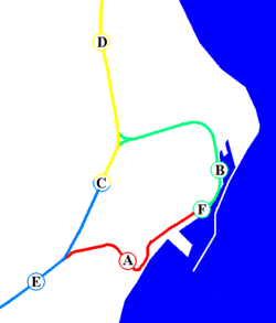 花蓮周邊鐵路車站及路線圖 A：（舊）花蓮 B：花蓮港 C：（現）花蓮 D：北埔 E：吉安 F：美崙 （黃線：北迴線、藍線：台東線、綠線：花蓮臨港線、紅線：舊花蓮港