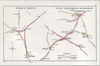 A 1902 Railway Clearing House Junction Diagram showing (left) the Buckinghamshire Junction Railway and neighbouring lines Oxford & Yarnton Dudley, Great Bridge & Wednesbury RJD 24.jpg