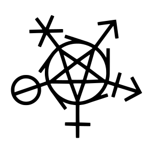 Un pentagramme circonscrit, pointé vers le bas, entouré de six symboles de genre.  Cinq des symboles sont alignés avec les points intérieurs du pentagramme et compromettent le symbole de la flèche de Mars, le symbole plus de Vénus, la flèche combinée plus des catégories transgenres et neutres, l'astérisque des identités non binaires, la croix cercle d'identités d'agender, et projections hors du cercle central représentant la fluidité des genres.